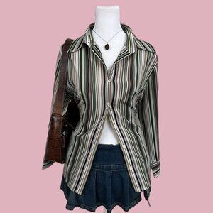 earth tone pinstriped button up top w/ 3/4 sleeves